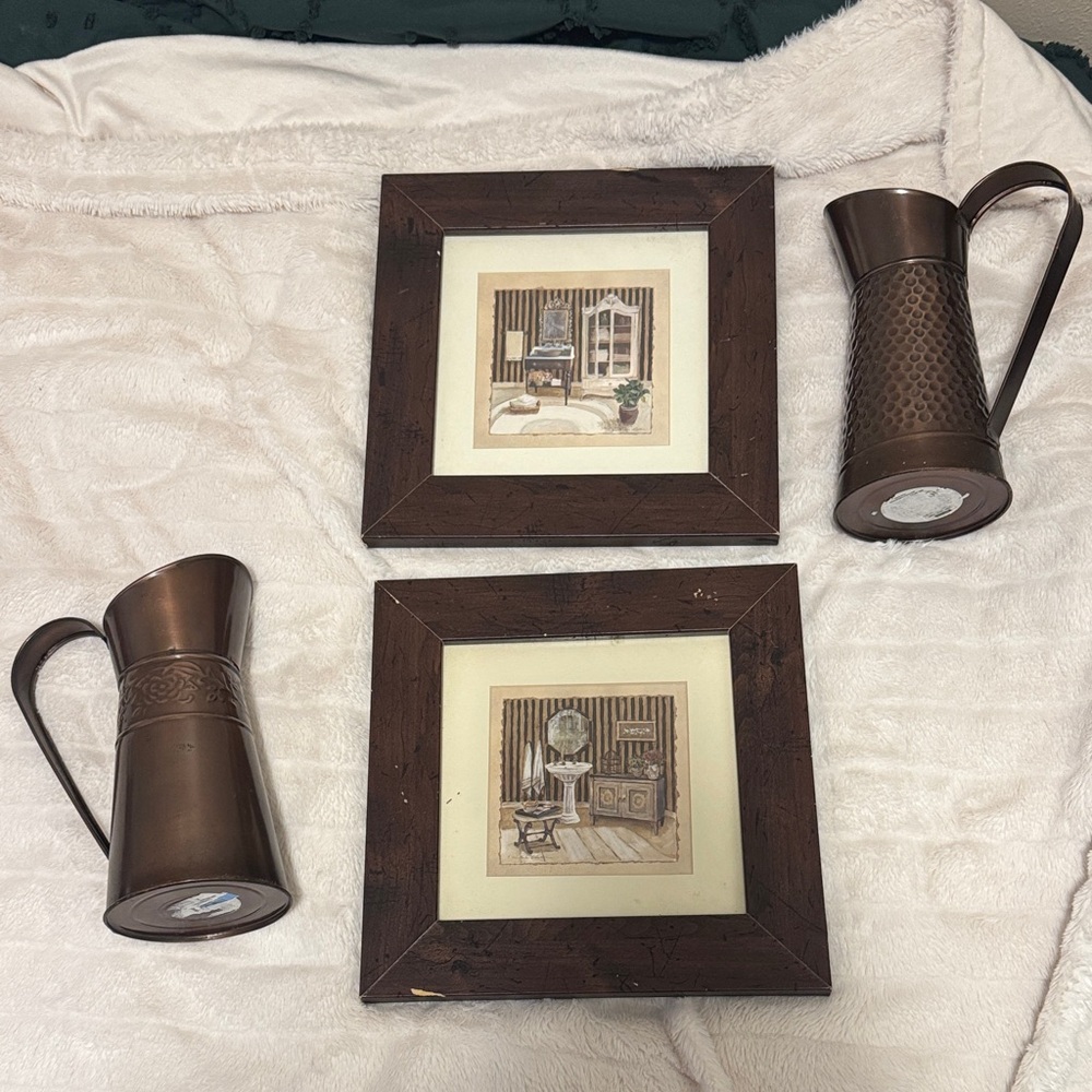 Vintage Copper Pitchers and Framed Art Set